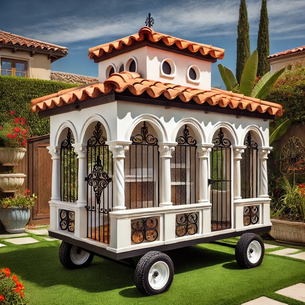 This mobile backyard chicken coop is designed with a luxurious, Mediterranean-inspired architectural style. It features arched windows and wrought iron railings, giving it a decorative, elegant appearance. The roof is topped with terracotta tiles, adding to its villa-like aesthetic. The coop sits on wheels, making it easy to move around the yard. The intricate ironwork and stucco-like white walls make the structure both functional and aesthetically appealing, resembling a small, ornate gazebo or carriage. This coop would be a standout feature in a garden with lush greenery and vibrant flowers, blending style and practicality.