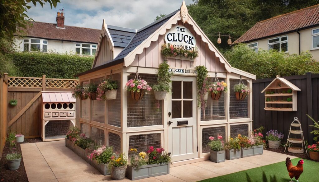 A flower shop-inspired chicken coop design with a spacious chicken run, covered by a pergola draped with vines and flowers for shade. It blends the charm of a flower shop with functional elements for the chickens. 