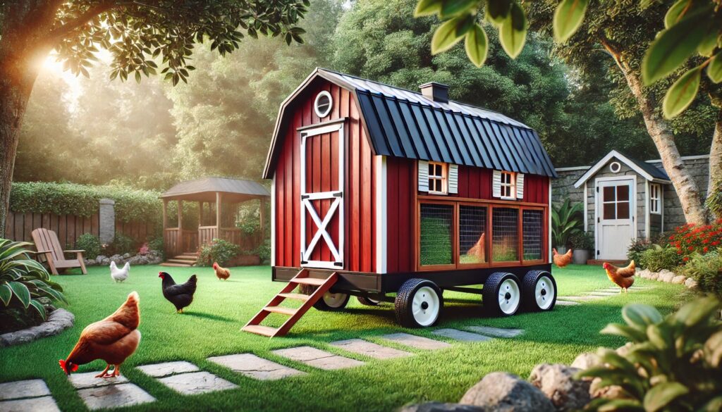 A barn-style chicken coop on wheels in a backyard setting. It has a ladder and is walk-in height for people.