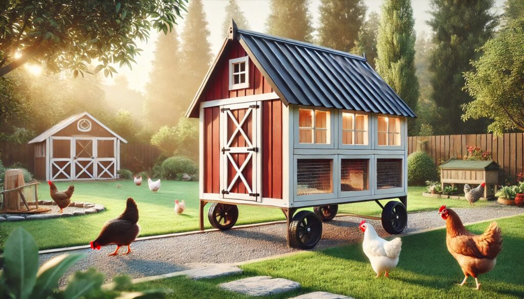 An a-frame red and white painted barn-style chicken coop on wheels in a backyard setting.