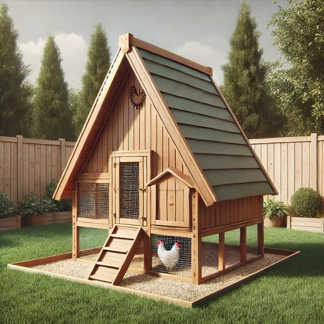 wood a-frame chicken coop in a backyard