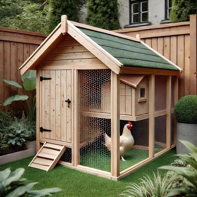 wood chicken coop in the corner of a backyard near a fence