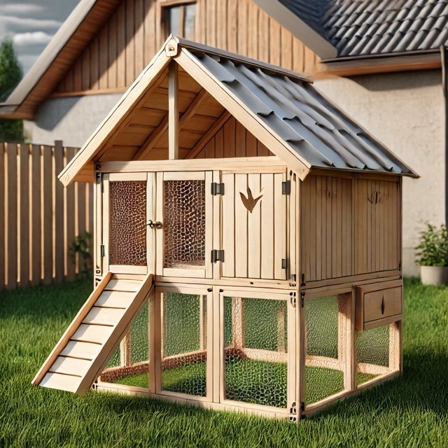 Small wooden coop in a backyard. There is a chicken run under the coop.