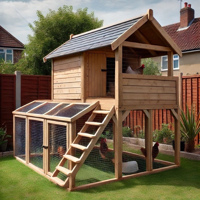 Tall wooden chicken coop with attached, enclosed chicken run. It is in a backyard. There is a ladder to the second floor.