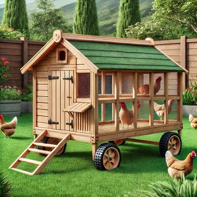 A moveable wooden chicken coop. It is on wheels. It is in a backyard. There are chickens.