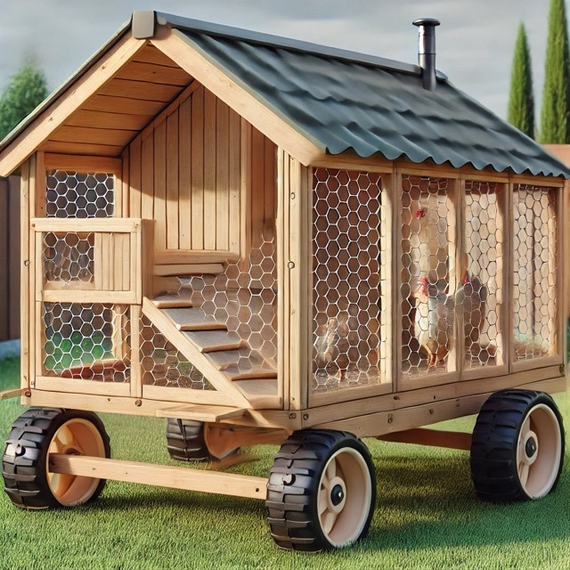 An A-frame coop on wheels. The wooden coop has chicken wire walls.