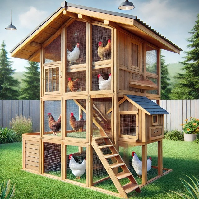 Tall wood chicken coop with lots of chickens inside.