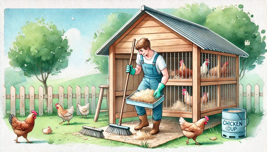 Watercolor-style illustration of a person completing the task of cleaning their chicken coop by adding fresh bedding.