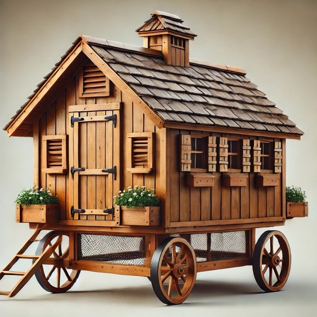 An Amish-made Quaker-style chicken coop on wheels, showcasing its traditional craftsmanship and rustic charm.