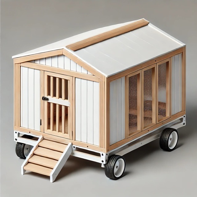 A minimalist chicken coop design with a metal roof and wood trim. The modern aesthetic pairs well with the practical features like wheels and a ramp for easy access.