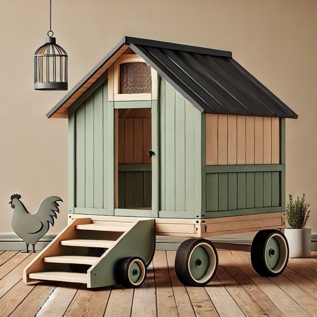 A functional and inexpensive chicken coop in trending colors, featuring soft sage green, matte black, and natural wood tones. It’s mobile, practical, and stylish for backyard use. 