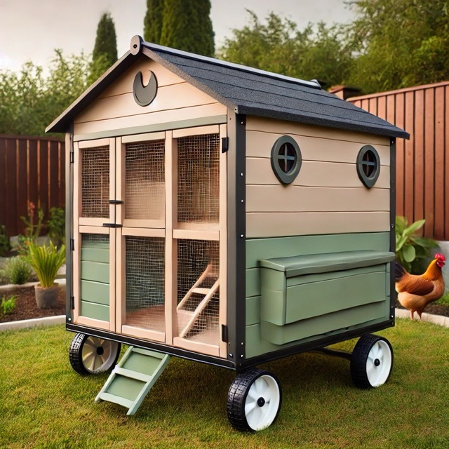 A functional and inexpensive chicken coop placed in an outdoor backyard setting, complete with trendy colors and mobility.