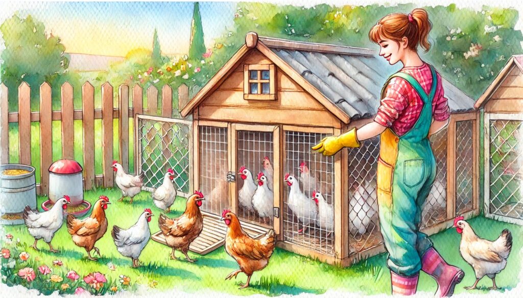 Watercolor-style illustration of the first step in cleaning a chicken coop, showing a person guiding chickens into a temporary enclosure.