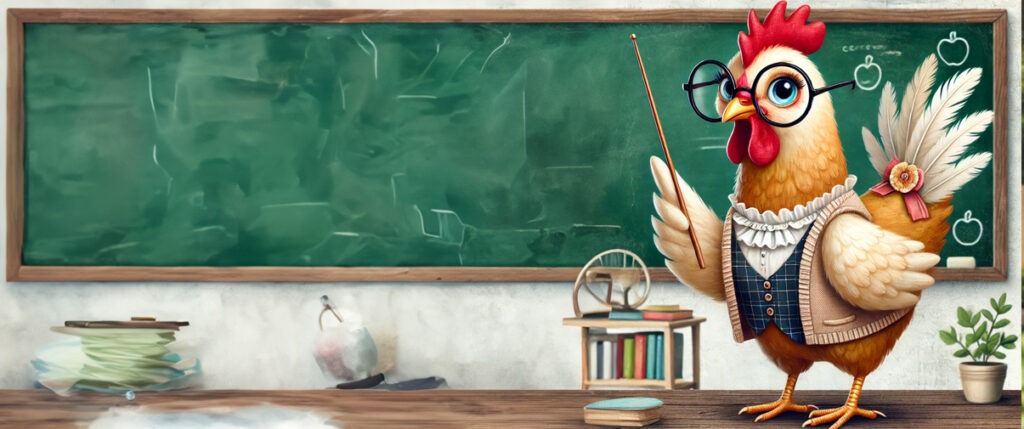 illustration of a cute hen with glasses and a pointer with a chalkboard behind her