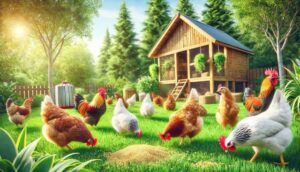 A group of healthy chickens foraging on green grass in a backyard, surrounded by trees and a wooden chicken coop in the background.