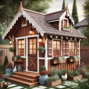 A cottage-style chicken coop using rich, earthy tones instead of pastels. The cozy and rustic design emphasizes warm, natural colors for a vibrant and inviting look.