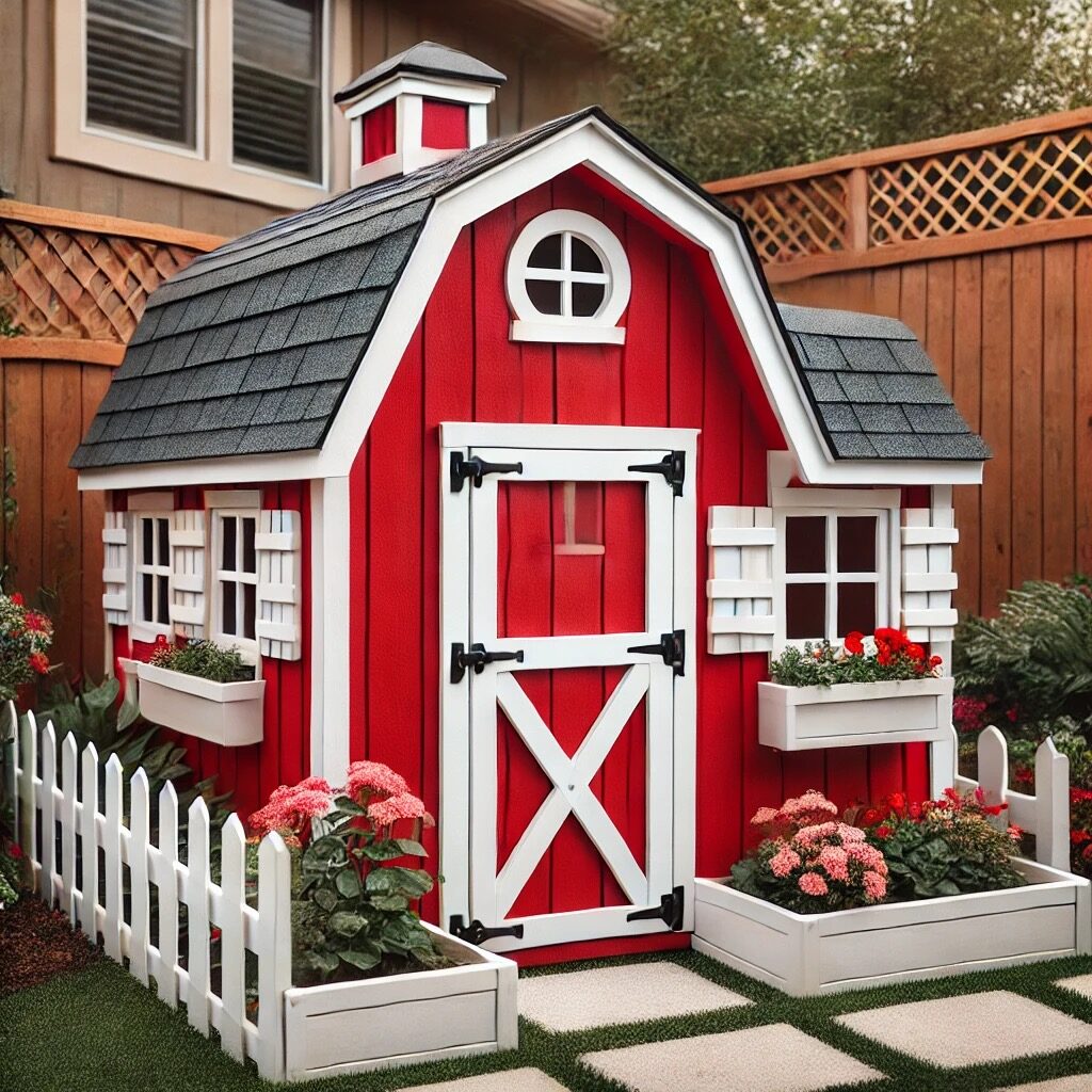 An adorable little red barn-style backyard chicken coop with white trim. The landscaping with flower boxes and picket fence make this coop stand out.