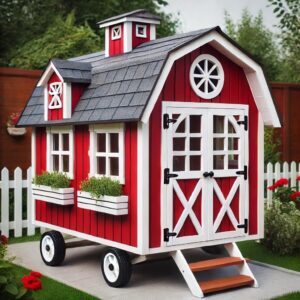 A super adorable red barn-style backyard chicken coop with wheels added for mobility. The wide trim gives it an almost toy kind of quality.