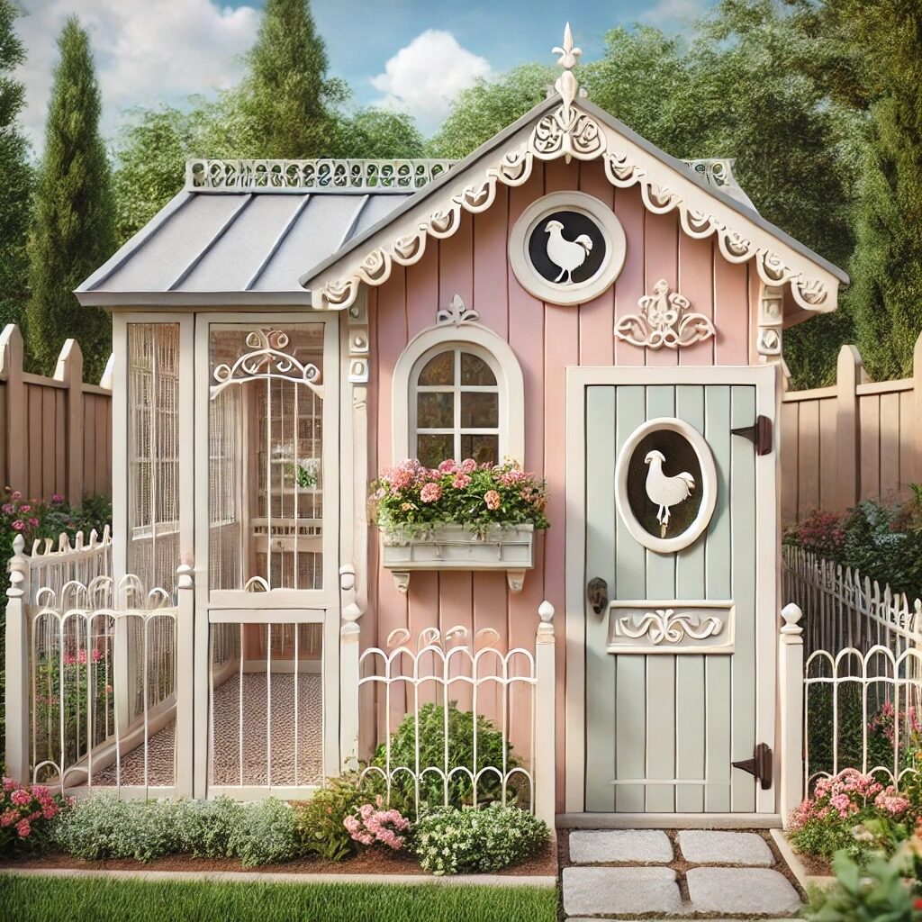 This Victorian-inspired backyard chicken coop features delicate architectural details, including ornate trim, scalloped eaves, and decorative cutouts of chickens on both the door and the upper façade. The soft pastel palette of pink and cream paired with white accents enhances the charming, cottage-like aesthetic. The arched window and flower box add a touch of elegance, while the wrought iron fencing and gate around the coop bring an additional layer of decorative flair. Functionally, the coop includes a spacious, well-ventilated run with secure wire mesh and easy access for caretakers, making it as practical as it is beautiful for backyard chickens.