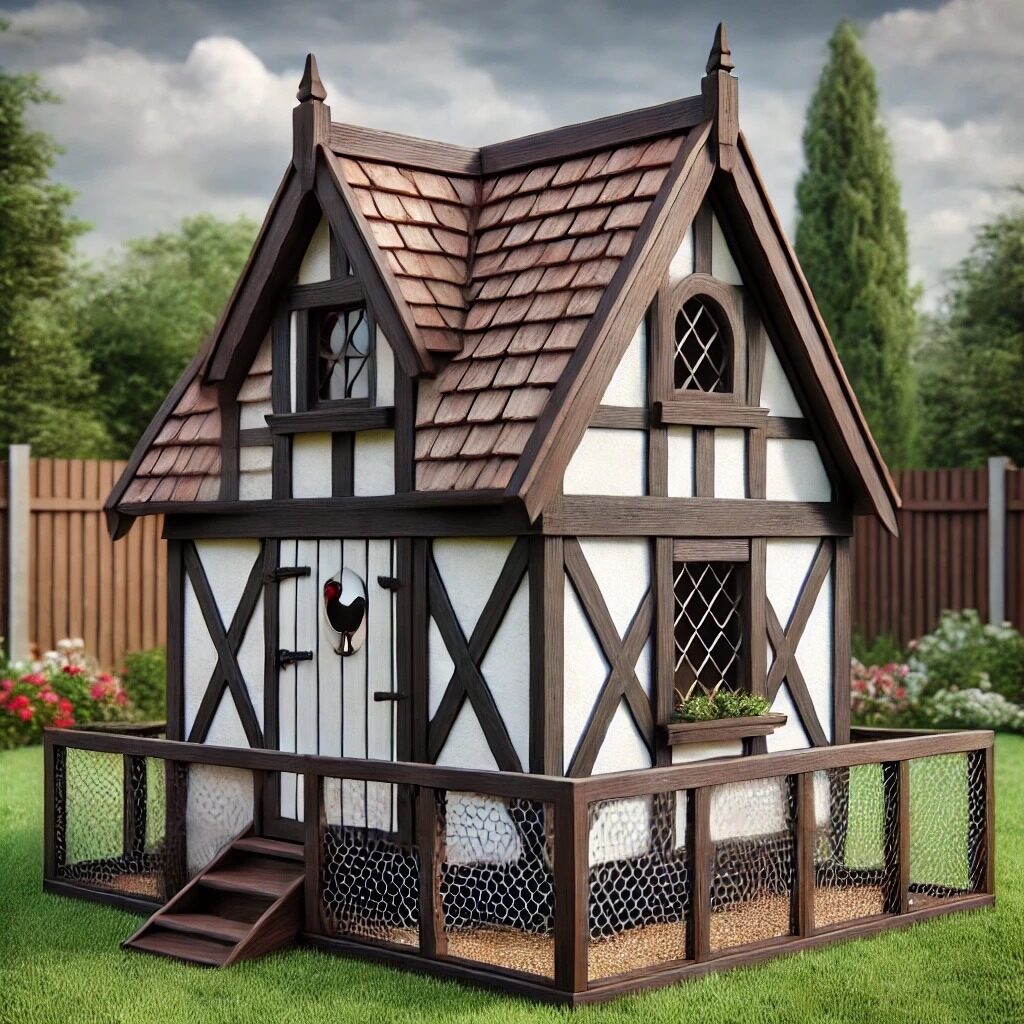 A small Tudor-style backyard chicken coop.