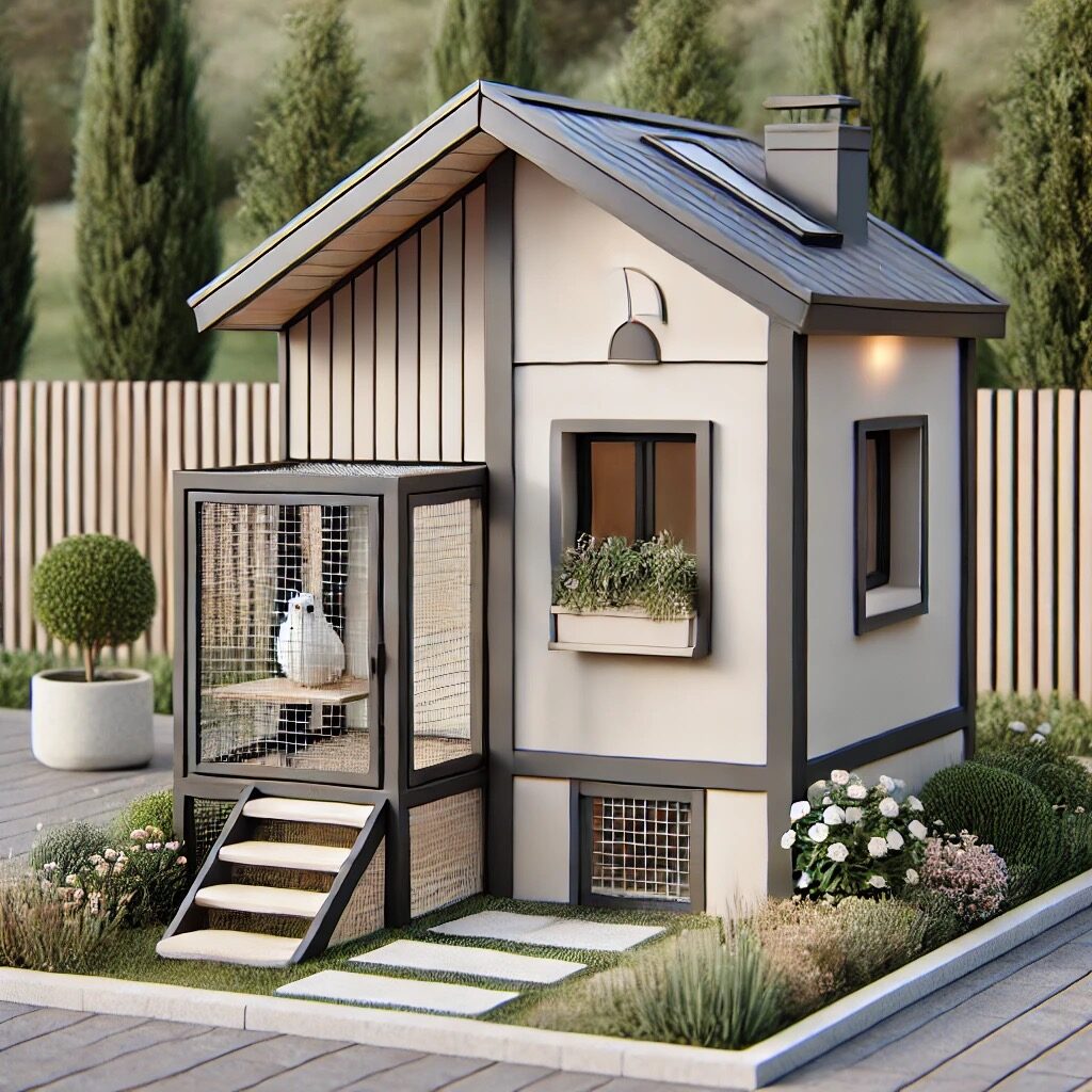 A small and cute modern version of a backyard chicken coop. The styling goes perfectly with modern home designs.