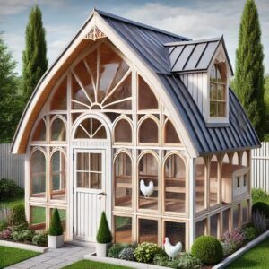 An airy Art Nouveau style chicken coop with an A-Frame roof and dormer window.