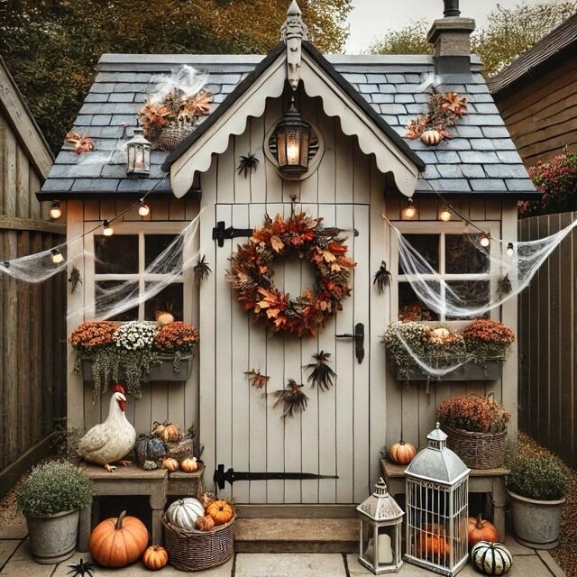 This image shows a cozy backyard chicken coop decorated for Halloween with a charming rustic touch. The coop features soft string lights, a wreath made of autumn leaves on the door, and window planters filled with orange mums. Fake cobwebs and spiders add a playful Halloween vibe, while pumpkins and lanterns arranged around the entrance enhance the festive feel. The overall look is a blend of fall decor and a light Halloween theme, giving the coop a welcoming and seasonal appearance.